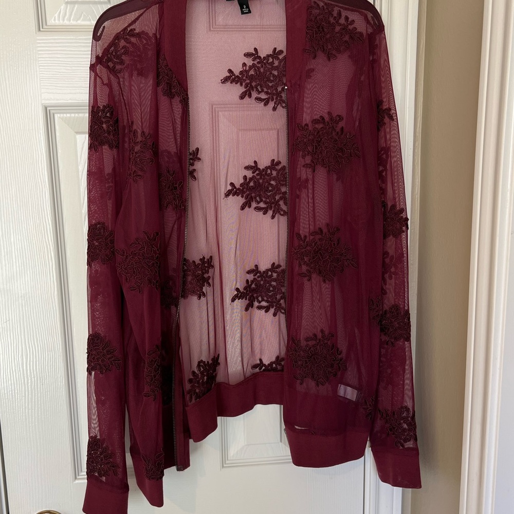 Mesh ox blood bomber jacket with floral lace detail - Picture 2 of 2